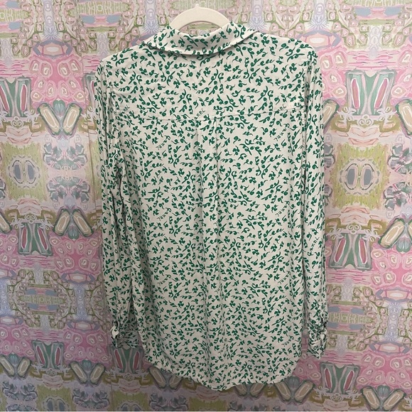 Ganni Leap Print Crepe Shirt Button Down Blouse Green Long Sleeve Ivory - Picture 6 of 6